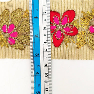 Beige Silk Fabric Trim, Red, Pink & Gold Floral Embroidery Indian Sari Border Trim By Yard Decorative Trim Craft Lace